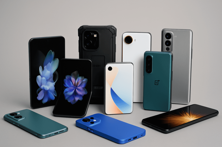 A collection of the latest smartphones released this month, showcasing sleek designs and advanced features.