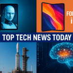 A digital collage featuring icons of AI, consumer gadgets, satellites, and cybersecurity over a tech-themed background