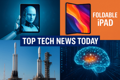 A digital collage featuring icons of AI, consumer gadgets, satellites, and cybersecurity over a tech-themed background