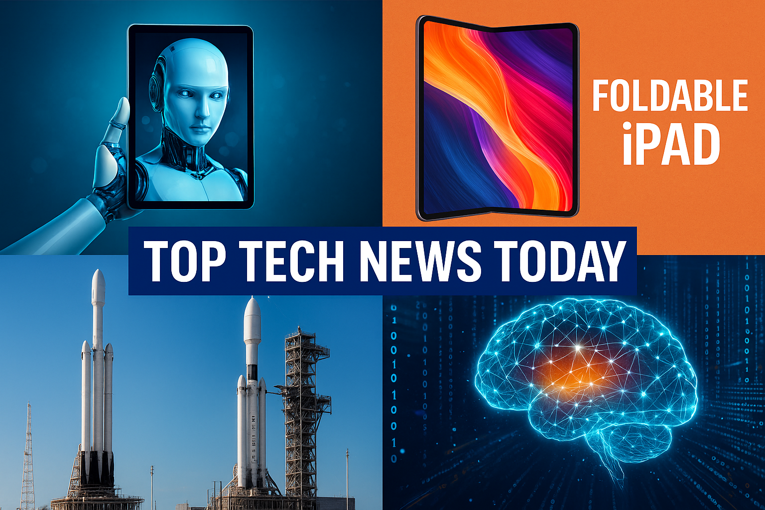 A digital collage featuring icons of AI, consumer gadgets, satellites, and cybersecurity over a tech-themed background
