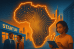 Illustration of Africa's digital growth with a glowing circuit-map, African tech professionals, a startup hub, solar cityscape, and data center.
