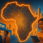 Illustration of Africa's digital growth with a glowing circuit-map, African tech professionals, a startup hub, solar cityscape, and data center.
