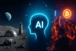 A lunar base with Earth in the sky, a glowing AI silhouette over circuit patterns, and a crowd at a blockchain-themed party