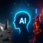 A lunar base with Earth in the sky, a glowing AI silhouette over circuit patterns, and a crowd at a blockchain-themed party