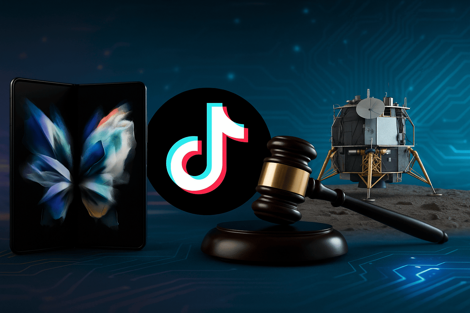 Top Tech News Today – EasyTechDigest visual collage featuring foldable phone, TikTok court ruling, AI chip, and lunar lander